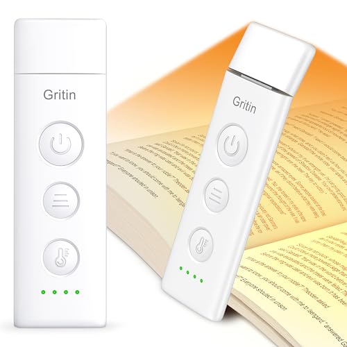 Gritin Book Light Rechargeable, Clip on LED Reading Light for Books in Bed | Eye Caring 3-Color & 5-Brightness, Stepless Dimming, Long Lasting, Compact Size Flexible Book Lamp for Bookworms - color: White
