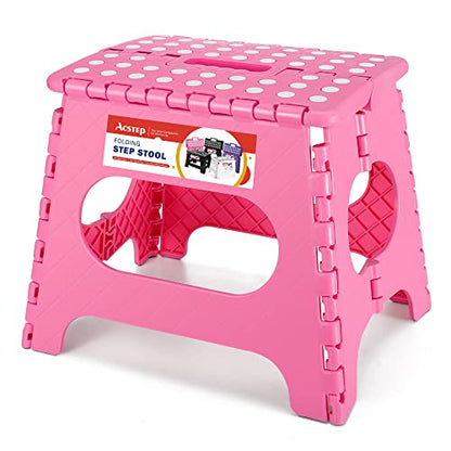 ACSTEP Folding Step Stool for Adults-11 Height Lightweight Plastic Stepping Stool. Foldable Step Stool Hold up to 300lbs Non Slip Collapsible Stool Pink - color: Pink, size: 11 Inch( Pack of 1)
