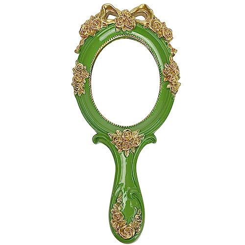 Nerien Handheld Mirror Vanity Makeup Mirror Travel Princess Metal Cosmetic Mirror Portable Oval Embossed Rose Mirrors Decorative Desk Girl Student Vintage Beautiful Handle Mirrors Green - color: Green