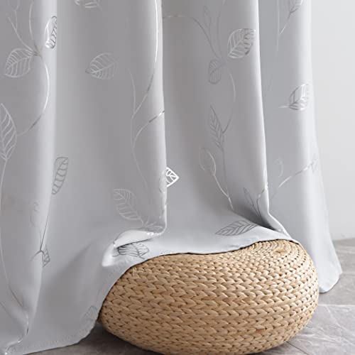 BUHUA Room Darkening Curtains 63 Inch Length, Window Treatments for Living Room Grommet Curtains with Silver Leaf Foil Design (52 x 63 Inch,Greyish White,Set of 2) - color: Silver Leaf /Greyish White, size: 52"W x 63"L (Pack of 2)