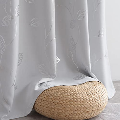 BUHUA Room Darkening Curtains 63 Inch Length, Window Treatments for Living Room Grommet Curtains with Silver Leaf Foil Design (52 x 63 Inch,Greyish White,Set of 2) - color: Silver Leaf /Greyish White, size: 52"W x 63"L (Pack of 2)