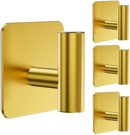 Aikzik 4 Pack Large Heavy Duty Wall Hooks - 26lb Max, Stainless Steel Adhesive Towel Hook, Shower Hooks for Hanging Towel, Coat, Robe, Wall Hook for Use in Bathroom, Kitchen and Door, Gold - color: Gold