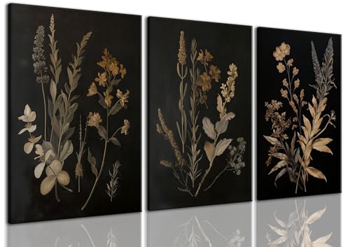 TUEASKY 3 Piece Canvas Wall Art Moody Wall Decor Botanical Floral Pictures Dark Paintings Flower Prints for Living Room Bedroom 16x24in - color: Dark Flower, size: 16x24in