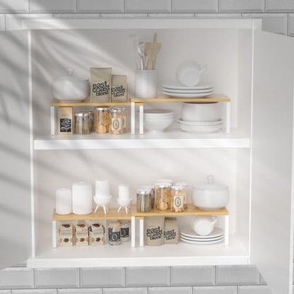 NEX Kitchen Cabinet and Counter Shelf Organizer, Stackable & Expandable, Set of 4, White and Natural - 7.7 x 15.6 x 6.2'' - color: Cloud White + Natural Beige, size: 15.6''W