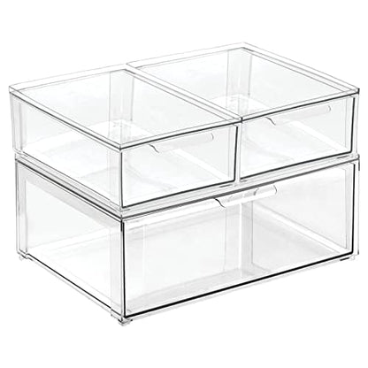 mDesign Plastic Stackable Bathroom Storage Organizer Bin Containers with Front Pull Drawer for Bathroom Countertop, Vanity, Closet Shelves - Holder for Accessories, Lumiere Collection, Set of 3, Clear - size: Mixed Sizes (Pack of 3)