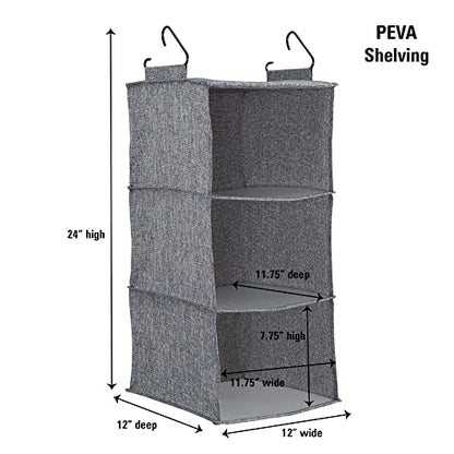 Household Essentials 3 Shelf Hanging Closet Organizer, Hanging Shelf with Hooks, Poly Linen and PEVA Shelving - color: Graphite