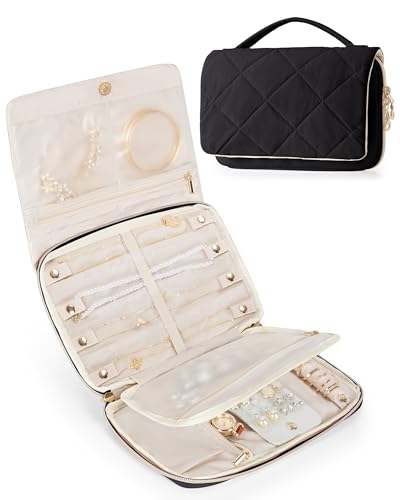 Marscamd Travel Jewelry Organizer Case for Women, Foldable Jewelry Bag for Earrings, Rings, Necklaces, Bracelets, Brooches, Black - color: Black