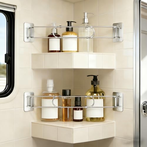 TAOPOWER RV Shower Corner Storage Bar – Adjustable Stainless Steel Rod, No Tool Install, Camper Bathroom Organizer for Full-Time RV Living Must Have Accessories, Protect Your RV’s Value（2Pcs）