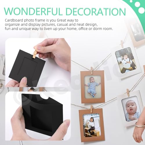 Keadic 105PCS Paper Picture Frames 5 Sizes Black Cardboard Photo Frame with Wooden Clips and Strings Photo Display Banner for Home Office Wedding Party Decor