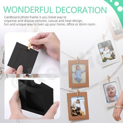 Keadic 105PCS Paper Picture Frames 5 Sizes Black Cardboard Photo Frame with Wooden Clips and Strings Photo Display Banner for Home Office Wedding Party Decor