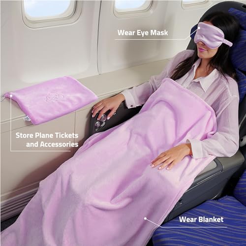 Travel Blanket Pillow,Airplane Blanket Compact with Bag Eye Mask, Ultra-Soft,Warm & Lightweight Included,Travel Essentials for Women & Men, Luggage Sleeve & Backpack Clip 65x40 in,Purple - color: Pastel Purple