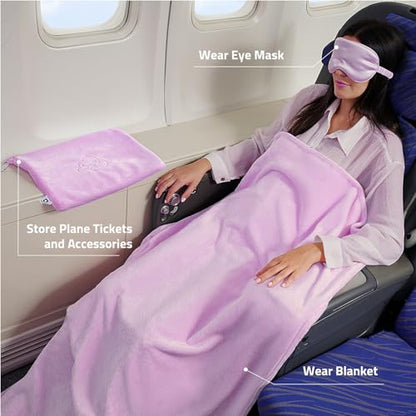 Travel Blanket Pillow,Airplane Blanket Compact with Bag Eye Mask, Ultra-Soft,Warm & Lightweight Included,Travel Essentials for Women & Men, Luggage Sleeve & Backpack Clip 65x40 in,Purple - color: Pastel Purple