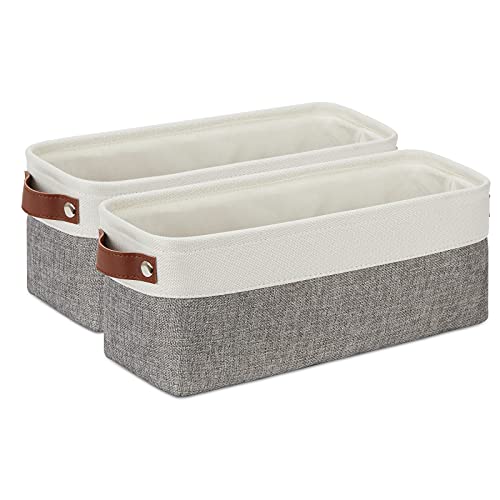 DULLEMELO Small Storage Baskets 15"x6"x5.5", Fabric Storage Bins for Toilet Tank Top [2 Pack], Back of The Toilet Basket (White&Grey) - color: White&Grey-Leather Handles, size: Narrow-15"x6"x5.5"