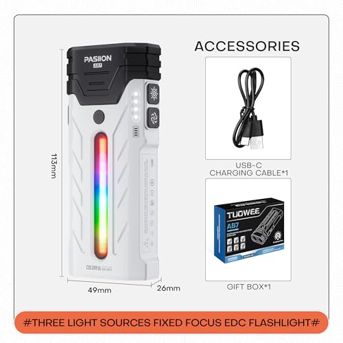 EDC Rechargeable Flashlight 3250 Lumens with RGB Light,55 Modes Multifunctional Flat Flashlight with Floodlight,Spotlight and Magnetic Base,Waterproof USB C Flashlight for Camping,Home,Emergencies - size: White
