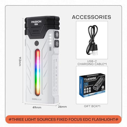 EDC Rechargeable Flashlight 3250 Lumens with RGB Light,55 Modes Multifunctional Flat Flashlight with Floodlight,Spotlight and Magnetic Base,Waterproof USB C Flashlight for Camping,Home,Emergencies - size: White