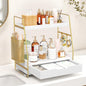 2-Tier Bathroom Counter Organizer with Drawer and Basket, Wood Vanity Countertop Storage for Perfume, Makeup, Skincare, Bathroom Counter Shelf, 13" x 7.9" x 14.5", White Gold - color: White Gold