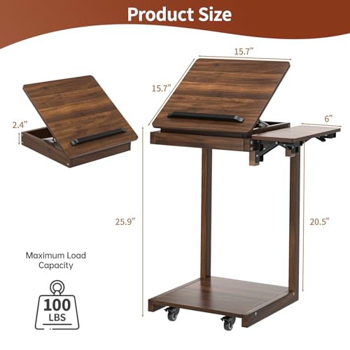 C Shaped End Table for Couch, C Side Table with Convertible Desktop, Folding Tray & Lockable Wheels, 360 Swivel TV Tray Table, Couch Tables That Slide Under, for Living Room, Bedroom, Sofa, Walnut