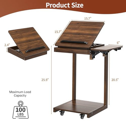 C Shaped End Table for Couch, C Side Table with Convertible Desktop, Folding Tray & Lockable Wheels, 360 Swivel TV Tray Table, Couch Tables That Slide Under, for Living Room, Bedroom, Sofa, Walnut