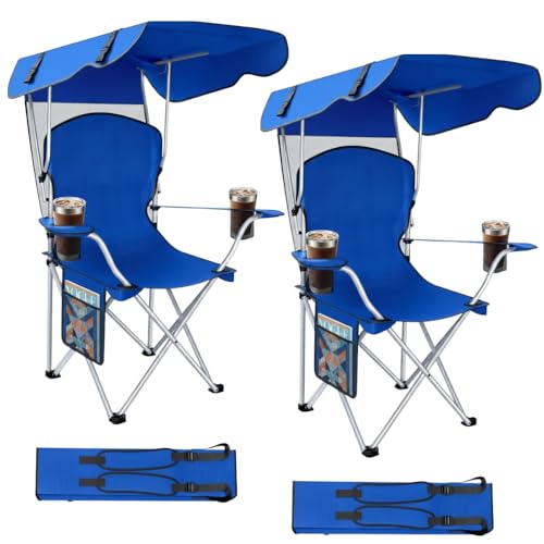 Portable Folding Camping Chairs with Canopy Shade, Beach Chair for Adults, Durable Weather Resistant 600D Oxford Cloth, Camping Chair with Canopy for Outdoors [Blue-2 Pack] - color: Upgraded Blue (2-pack)
