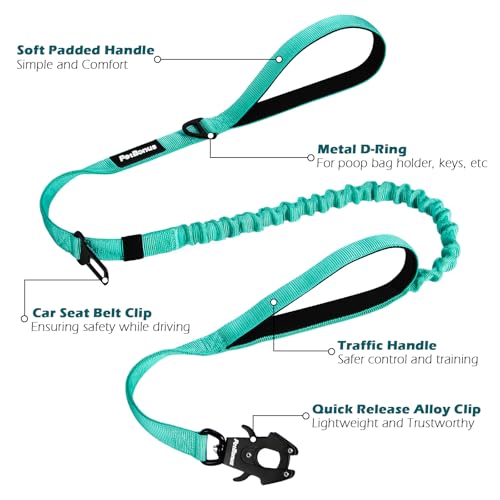PetBonus Heavy Duty Tactical Dog Leash, 5 FT Bungee Shock Absorption Leash with 2 Padded Handles, Quick Release Metal Clip, Car Seatbelt, No Pull Training Lead for Large Medium Dogs（Turquoise） - color: Turquoise