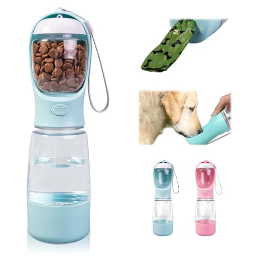 Dog Water Bottle with Food Storage & Poop Bag Dispenser - 3-in-1 Portable Pet Water Bowl for Hiking, Walking, and Travel - Ideal for Small to Large Dogs Blue - color: Blue