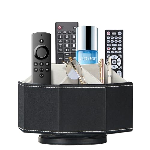 Remote Control Holder, Swivel 9 Rooms Desk Organizer and Decorations for Living Room, Leather Bedside Storage Caddy for TV Controllers/ Makeup Brush Pen/ Office Stationery/ Art Supplies/ Eyeglasses - color: Black