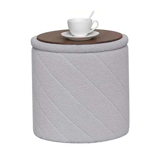 B FSOBEIIALEO Ottoman with Stroage, Boucle Round Storage Ottoman with Tray,Foot Rest Stool for Dorm Room, Living Room Grey, 16.93"x16.93"x17.72" - color: Grey, size: 16.93x16.93x17.72 inches