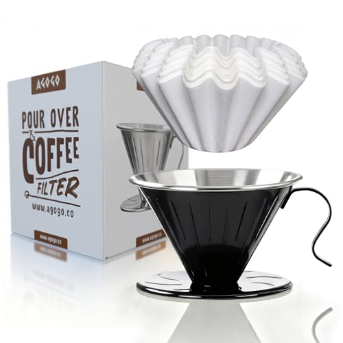 AGOGO V60 Coffee Dripper - Unbreakable 304 Stainless Steel Pour Over Cone for Travel & Camping, Includes 50 Paper Filters & Barista Towel - Black - color: A02-Black, size: Dripper Only (No Server)