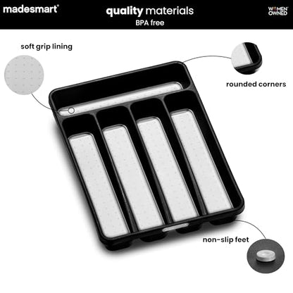 madesmart Classic Compact Silverware Tray with Soft Grip Lining, Carbon | Nonslip feet, 5 compartments, small drawer fit, forks, knives, spoons, cutlery, flatware - color: Carbon