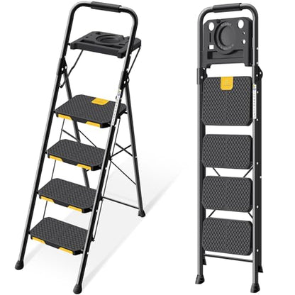 KINGRACK 4 Step Ladder with Tool Platform, Folding Step Stool with Wide Pedal, Safety Locking, Sturdy Steel Ladder Portable Safety Ladder for Painting Home Outdoor Garage - size: 4-Step with Tool Platform
