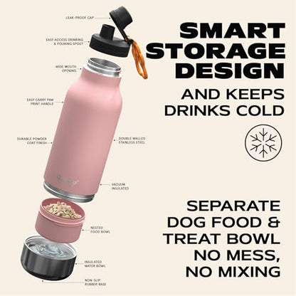 asobu Dog Barky Bottle – Insulated Stainless Steel Water Bottle with 2 Removable Dog Bowls for Food, Treats & Water – Pet-Friendly Travel Bottle for Hiking, Road Trips & Outdoor Adventures - color: Pink