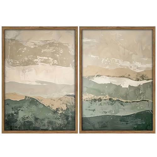 Framed 2Pcs Green Abstract Wall Art with Wood Frame Rustic Landscape Canvas Print Earth Tones Farmhouse Painting Picture Wall Decor for Living Room Bedroom Office12x16 Inches - color: Gray Green, size: 12x16 Inches