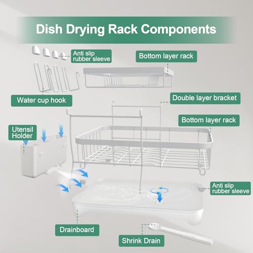 Dish Drying Rack, Two-Tier Dish Drying Rack with Utensil Holder and Cutlery Tray – Auto-Draining Large Capacity Dish Drainer with Drainboard for Kitchen Counter, White - color: 2-tier - White