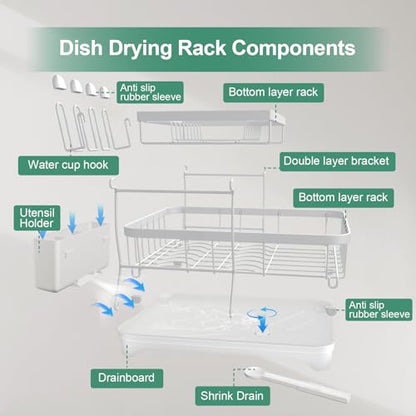 Dish Drying Rack, Two-Tier Dish Drying Rack with Utensil Holder and Cutlery Tray – Auto-Draining Large Capacity Dish Drainer with Drainboard for Kitchen Counter, White - color: 2-tier - White