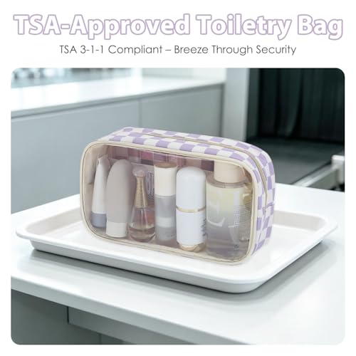 Fammart Clear Travel Makeup Bag for Women, TSA Approved Checkered Cosmetic Bag Make Up Car Organizer Case with Zipper, Large Waterproof Pouch Purse Toiletry Bag for Skincare, Brushes Travel Essentials - color: Clear, 2PCS - Purple Checkered