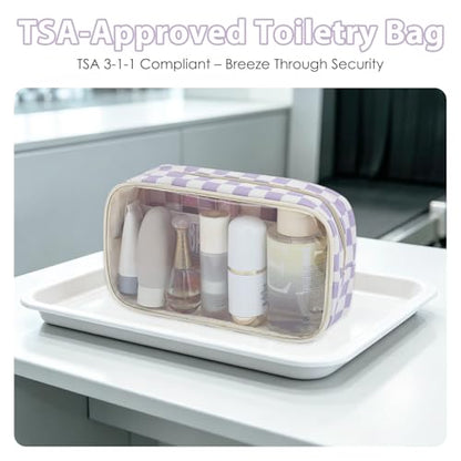 Fammart Clear Travel Makeup Bag for Women, TSA Approved Checkered Cosmetic Bag Make Up Car Organizer Case with Zipper, Large Waterproof Pouch Purse Toiletry Bag for Skincare, Brushes Travel Essentials - color: Clear, 2PCS - Purple Checkered