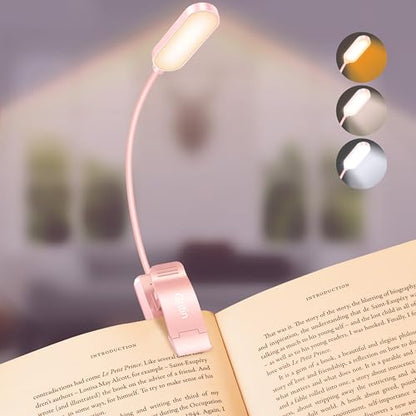 Gritin 16 LED Rechargeable Book Light for Reading in Bed- Eye Caring 3 Color Temperatures, Stepless Dimming Brightness, 80 Hrs Runtime, Lightweight Flexible Clip on Light for Book Lovers-Pink | Eye Caring 3 Color Temperatures, Stepless Dimming Brightness,