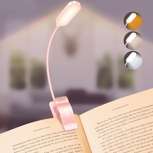 Gritin 16 LED Rechargeable Book Light for Reading in Bed- Eye Caring 3 Color Temperatures, Stepless Dimming Brightness, 80 Hrs Runtime, Lightweight Flexible Clip on Light for Book Lovers-Pink | Eye Caring 3 Color Temperatures, Stepless Dimming Brightness,