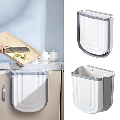 Kitchen Hanging Trash Can, 2.4 Gallon / 9L Collapsible Waste Bin, Small Kitchen Compost Bin for Food Scraps, Wall Mounted Garbage Can for Bathroom, Car, RV (Grey) - color: Grey