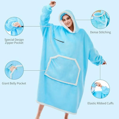 IFNOW Wearable Blanket Hoodie, Oversized Sherpa Fleece Hooded Sweatshirt with Eye Mask, Cozy and Giant Blanket Hoodie with Sleeves Extra Long for Adults Men Women, Skyblue - color: Skyblue, size: Adult