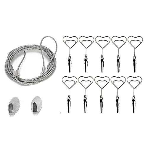 Multi-Purpose Steel Wall Hanging Photo Display Cable Wire Rod with 12 Adjustable Clips for Hanging Photos Notes Postcard and Artworks (Heart) - size: Heart