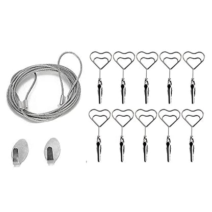 Multi-Purpose Steel Wall Hanging Photo Display Cable Wire Rod with 12 Adjustable Clips for Hanging Photos Notes Postcard and Artworks (Heart) - size: Heart