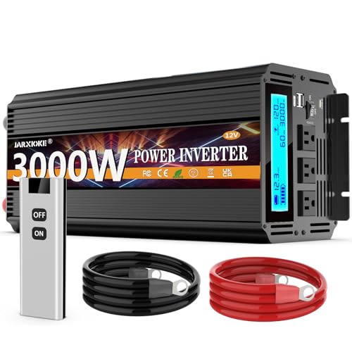 3000W Power Inverter 12V DC to AC 110V/120V (Peak) 6000W Converter 3 sockets car Inverter with Remote Control and LED Display 3.4A USB Port - size: 12v-3000W
