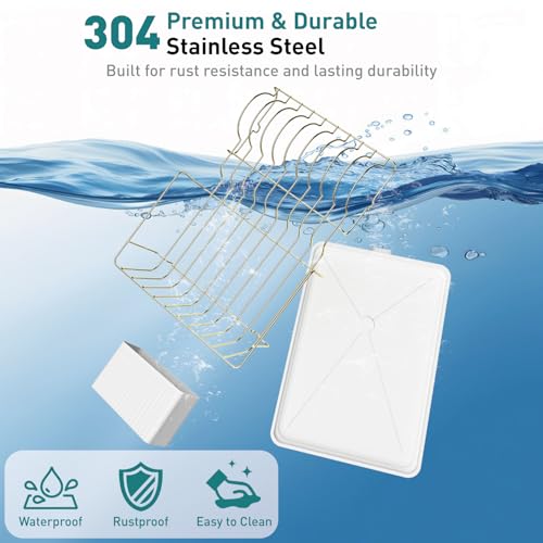 Buruis Dish Drying Rack for Kitchen Countertop, Large Capacity Gold Stainless Steel Dish Drainer with Anti-Slip Rubber Feet, Removable Drain Board and Utensil Holder (White Tray) - color: White Drainer