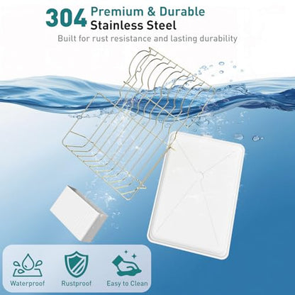 Buruis Dish Drying Rack for Kitchen Countertop, Large Capacity Gold Stainless Steel Dish Drainer with Anti-Slip Rubber Feet, Removable Drain Board and Utensil Holder (White Tray) - color: White Drainer