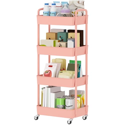 Sywhitta 4-Tier Plastic Rolling Utility Cart with Handle, Multi-Functional Storage Trolley for Office, Living Room, Kitchen, Movable Storage Organizer with Wheels, Pink - color: Pink, size: 4-tier