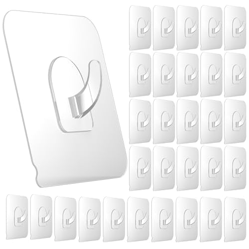 Ninth Five 30 Pack Adhesive Hooks for Hanging, 33lb Heavy Duty Wall Hooks, Clear Plastic Sticky Utility Hook for Home Kitchen Bathroom Office Use