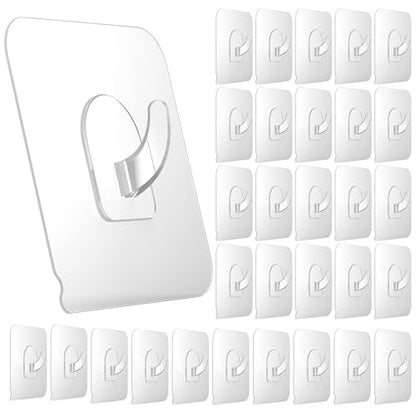 Ninth Five 30 Pack Adhesive Hooks for Hanging, 33lb Heavy Duty Wall Hooks, Clear Plastic Sticky Utility Hook for Home Kitchen Bathroom Office Use