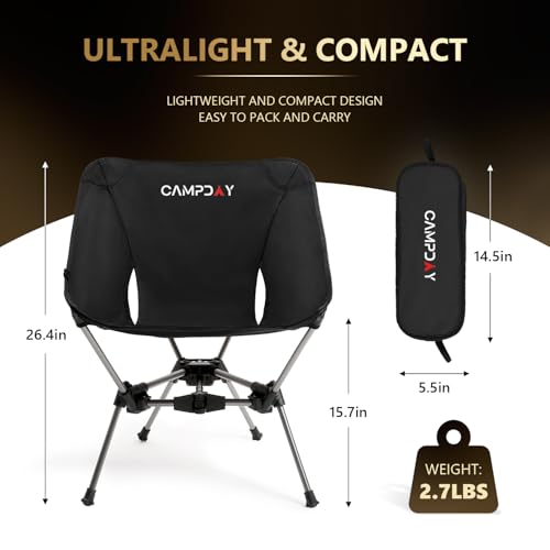 Camping Chair Backpacking Portable Hiking Ultralight Small Lightweight Folding Chair for Outdoor Camp Beach Picnic Concert, Supports 330lbs (Black,1PCS)