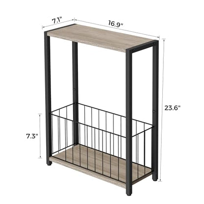Homleke Narrow Side Tables Set of 2 with Magazine Holder, Skinny End Tables Perfect for Small Spaces, Space-Saving Design for Living Room, Bedroom, or Office, 7.1" D x 16.9" W x 23.6" H, Greige - color: Greige - Standard